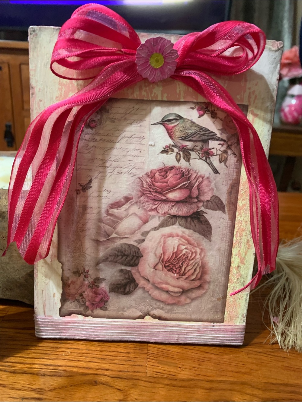 Decorative Floral Picture Frame with Pink Ribbon Bow - Brand